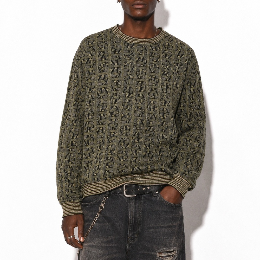 90s Vintage Barnes Storm Geometric Knit Sweater Mens M Green Baggy Fit Monogram